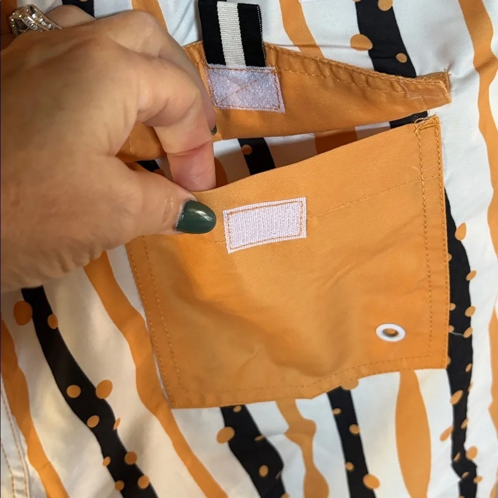 NWT men’s Stylish Orange and Black Striped Swim trunks Shorts size Large